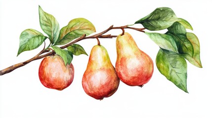 Artistic watercolor drawing painting of pear fruit and tree branch leaf