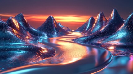 Wall Mural - A glowing 3D river winding through an abstract canyon of metallic and glass hills.