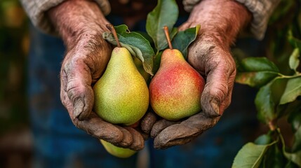 Wall Mural - Fresh pear fruit in hands of farmer