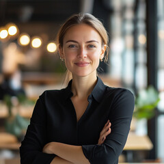 Happy Caucasian professional woman posing in co-working space, looking at camera, standing with hands folded, smiling. Positive legal adviser, business consultant, CEO, executive portrait