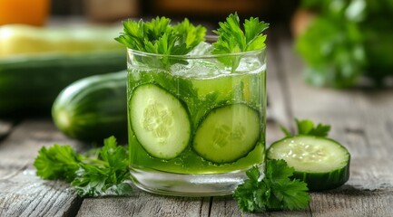 Refreshing cucumber and herb-infused drink in a glass on a wooden table with fresh ingredients