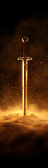 Wall Mural - a sword is lit up in the dark, with a lot of smoke and fire surrounding it. the sword is the main fo