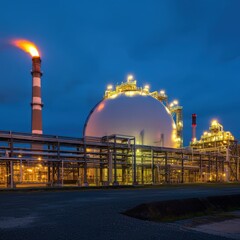 A vast industrial complex with a massive LNG storage tank designed for holding liquified natural gas at low temperatures, showcasing modern energy infrastructure.