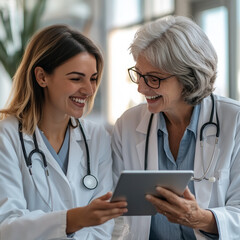 Two mature and young smiling female doctors reviewing new app or information on digital tablet, younger GP sharing details with older colleague. Mentorship, teamwork, consultation, knowledge-sharingTw