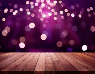 Wall Mural - Wood stage special event and soft blur bokeh mauve background empty space for product