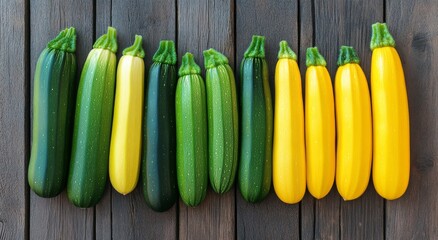 Wall Mural - Fresh yellow and green zucchinis on rustic wooden backdrop in a natural light setting