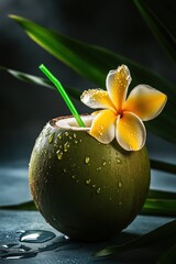 Wall Mural - Tasty coconut drink with straw with dark background