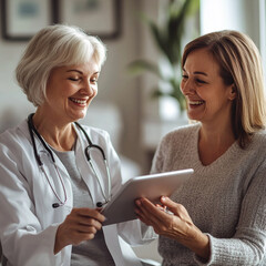 Happy female doctor and senior patient look at tablet screen discuss treatment or therapy on gadget. Smiling woman nurse and mature client use pad device discussing results in modern hospital.Happy fe