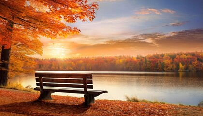 Tranquil autumn scene with a wooden bench by a peaceful lake at sunset, surrounded by vibrant foliage and a colorful sky.