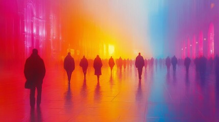 Wall Mural - Three silhouettes walking through colorful fog at dawn, creating a mystic atmosphere