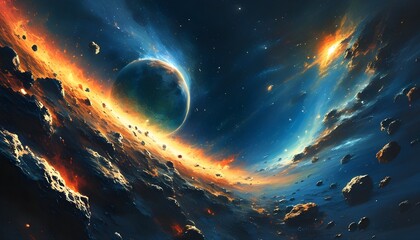 Wall Mural - Cosmic Journey Through the Asteroid Fire: Exploring the Universes Night Sky, Fast Orbits, and Futuristic Galaxies