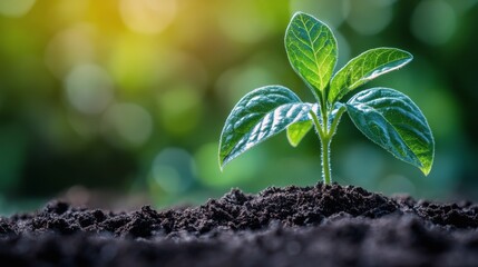 A young plant emerges from rich soil under soft sunlight in a vibrant forest setting