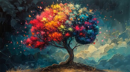 A vibrant, abstract tree with colorful leaves and a dark background