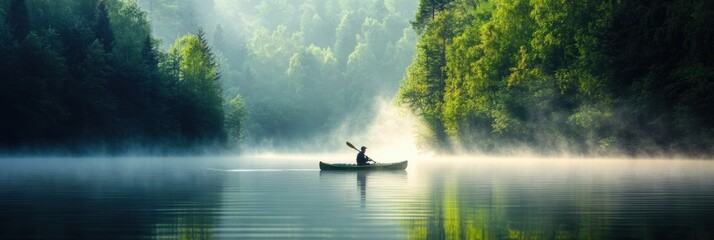 A man kayaking in still lake water with forest and fog