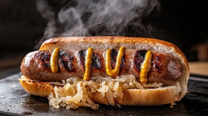 A hot and juicy grilled bratwurst on a bun, with mustard and sauerkraut, steam rising from the sausage.