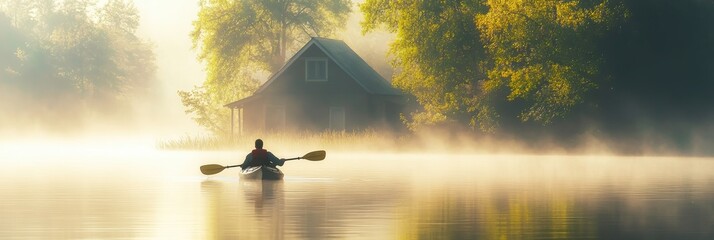 A man kayaking in still lake water with forest and lake house