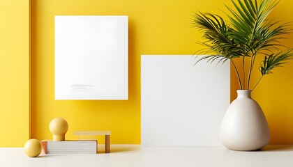 Canvas Print - Bright yellow note paper on a clean white background perfect for advertising and promotional design, featuring ample blank space for branding and announcements