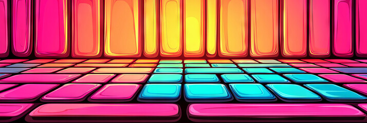 Poster - A vibrant abstract background with a tiled floor and a wall of glowing lights.