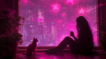 Silhouette of a woman and her cat against a vibrant city skyline at night.