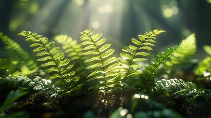 Sticker - Lush Green Fern Leaves in Sunlight - Nature Photography