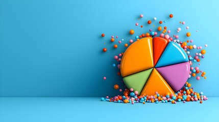 Vibrant Pie Charts with Playful Abstract Elements, a lively blend of colors and shapes illustrating data in a fun and engaging way.