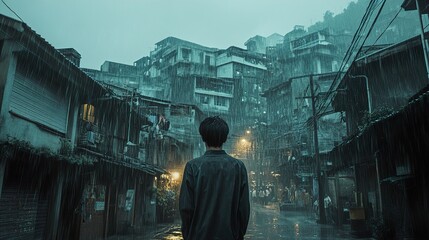 Canvas Print - Rainy Night in the City: A Lonely Figure Stands in the Gloom