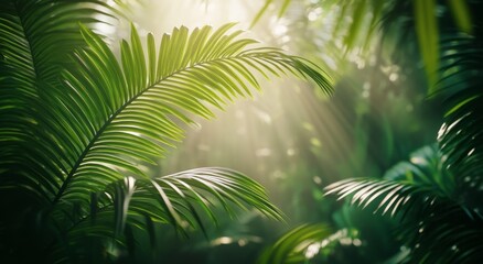 Wall Mural - Sunlight filtering through lush green palm leaves in a tropical rainforest during the afternoon