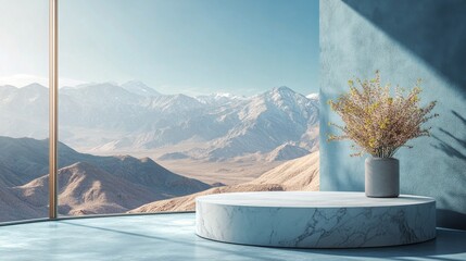 Poster - Serene indoor space featuring a circular marble platform with plants and mountain views at dawn