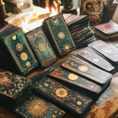 A vibrant collection of tarot cards displayed on a wooden table, reflecting mystical designs and rich colors.