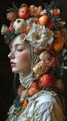 Wall Mural - Woman Adorned with Flowers and Fruit: A Surreal Portrait