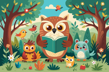 Wall Mural - a cute owl reading a book outdoors VECTOR ILLUSTRATION