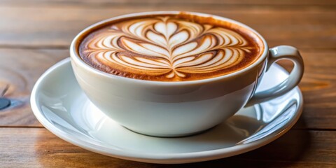 A freshly made cup of cappuccino with intricate, abstract latte art