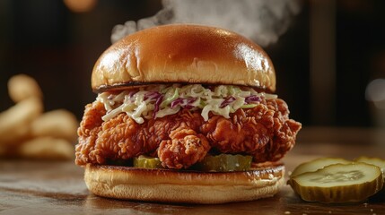 Wall Mural - A juicy, hot fried chicken sandwich with coleslaw, steam rising from the crispy chicken, and pickles on a toasted bun.