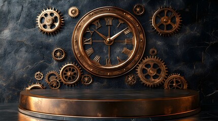 A vintage clock surrounded by steampunk gears, showcasing intricate details and a rich metallic texture against a dark background.