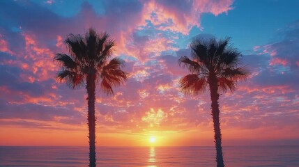 Wall Mural - Sunset over the ocean with silhouetted palm trees at a serene beach location