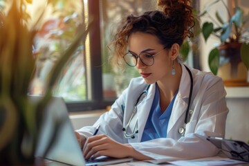 Female doctor wear white medical suit make online video call consult patient.