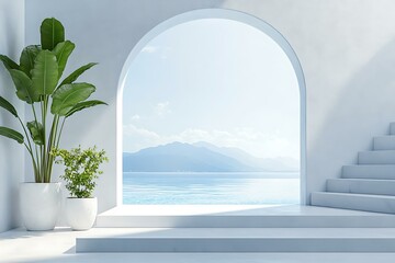 Poster - Minimalist White Archway with View of Sea and Mountains