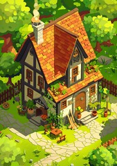 Sticker - Cute Cartoon Illustration of a Cottage in the Woods