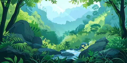 Wall Mural - Green Forest Landscape Illustration with Stream