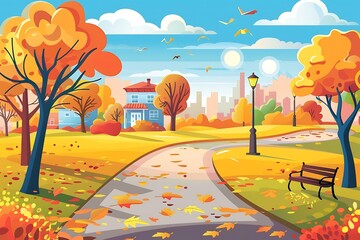 Sticker - Autumn Landscape With Path And Bench