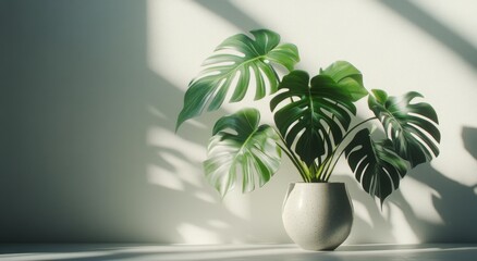 A lush monstera plant basking in sunlight in a minimalist indoor setting