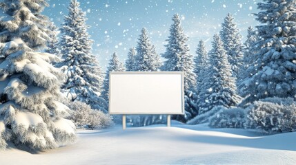 Wall Mural - Winter landscape featuring a blank billboard among snowy pine trees under falling snowflakes