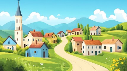 Wall Mural - Winding Road Through a Picturesque Village in the Hills