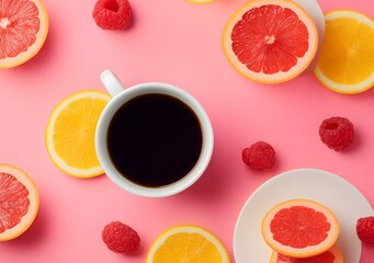 Wall Mural - Coffee Cup with Citrus Fruit and Raspberries on Pink Background