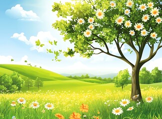 Wall Mural - Beautiful Spring Landscape With Blooming Tree And Butterflies