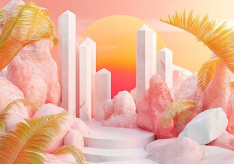 Sticker - Pink and White 3D Render of a Sunset with Palm Trees and Rocks