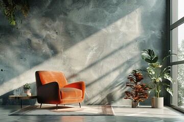 Creating a model of a modern loft living room with a concrete textured wall background for interior design purposes.