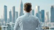 © JAYDA RIN - Confident executive standing in front of a futuristic city skyline, discussing the vision for global market dominance   leadership vision, global strategy
