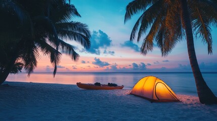 Wall Mural - Kayak boat in tropical beach with tent coconut tree at dusk