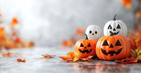 Spooky Halloween pumpkins in various colors, including orange and white, surrounded by autumn leaves create festive atmosphere. Perfect for seasonal decorations!